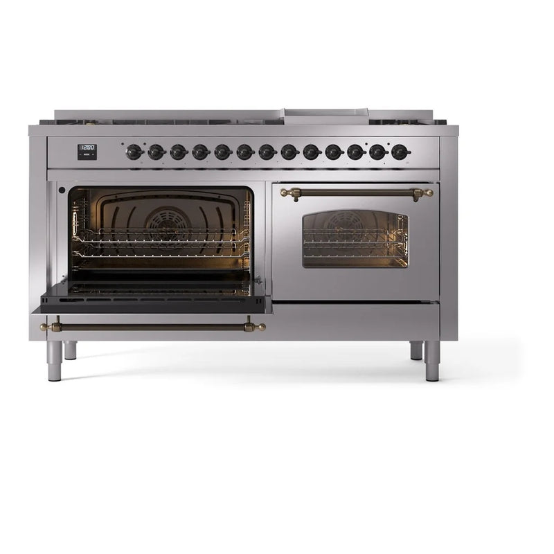 ILVE Nostalgie II 60" Dual Fuel Freestanding Range in Stainless Steel with Burnished Trim, UP60FNMPSSB