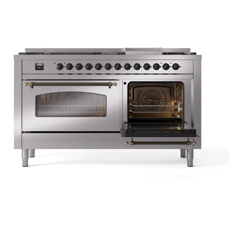 ILVE Nostalgie II 60" Dual Fuel Freestanding Range in Stainless Steel with Burnished Trim, UP60FNMPSSB