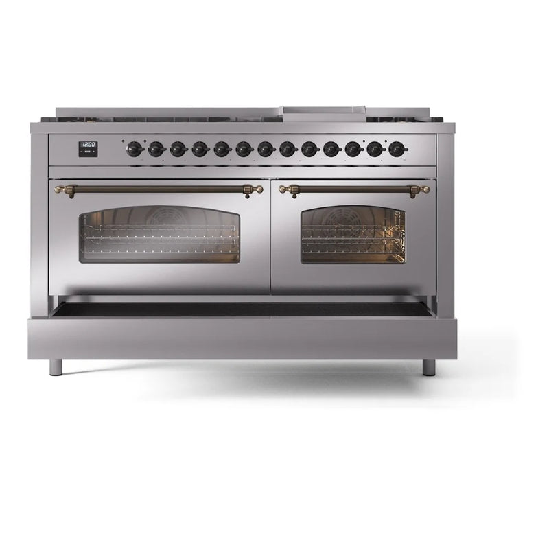 ILVE Nostalgie II 60" Dual Fuel Freestanding Range in Stainless Steel with Burnished Trim, UP60FNMPSSB