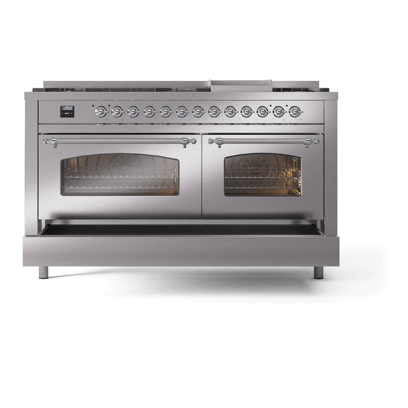 ILVE Nostalgie II 60" Dual Fuel Freestanding Range in Stainless Steel with Chrome Trim, UP60FNMPSSCLP