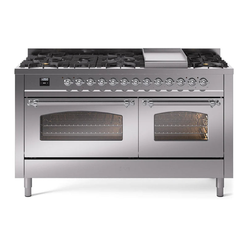 ILVE Nostalgie II 60" Dual Fuel Freestanding Range in Stainless Steel with Chrome Trim, UP60FNMPSSC