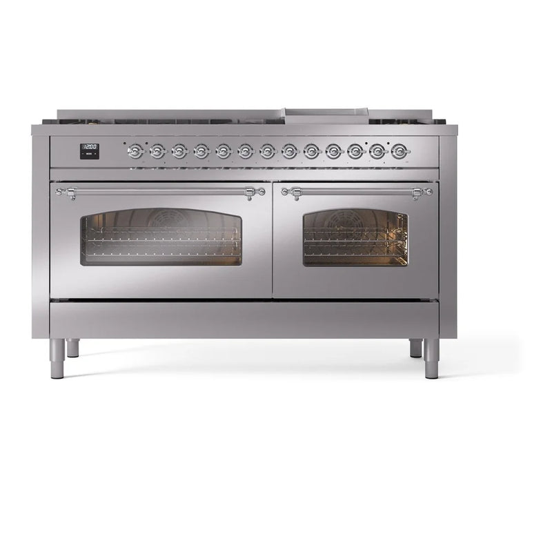 ILVE Nostalgie II 60" Dual Fuel Freestanding Range in Stainless Steel with Chrome Trim, UP60FNMPSSC