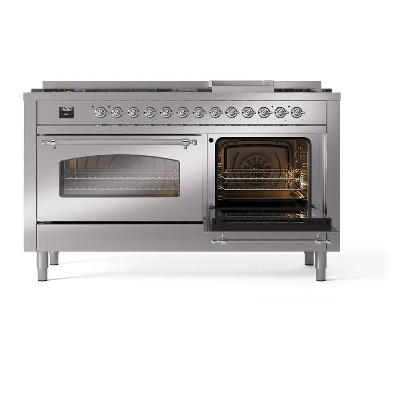 ILVE Nostalgie II 60" Dual Fuel Freestanding Range in Stainless Steel with Chrome Trim, UP60FNMPSSC