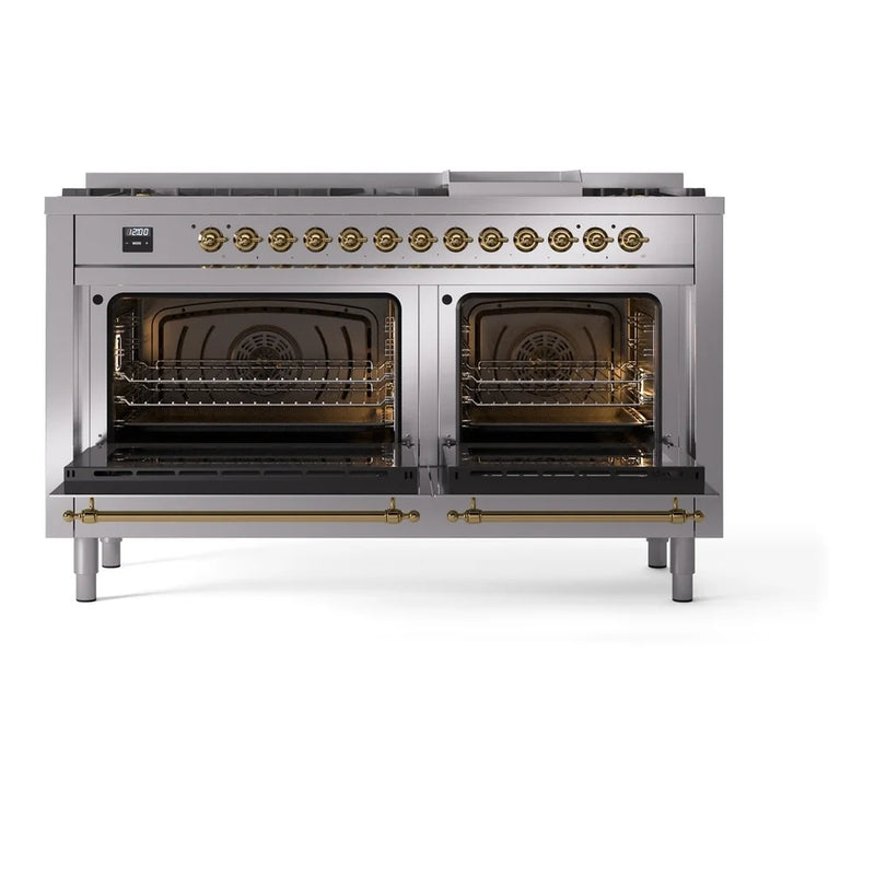 ILVE Nostalgie II 60" Dual Fuel Freestanding Range in Stainless Steel with Brass Trim, UP60FNMPSSGLP