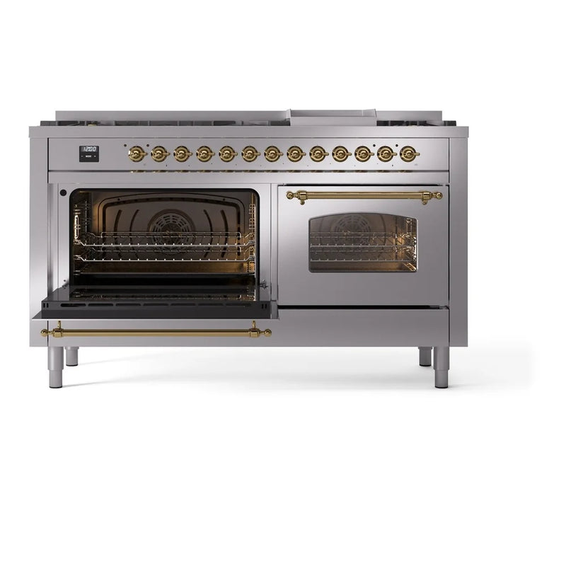 ILVE Nostalgie II 60" Dual Fuel Freestanding Range in Stainless Steel with Brass Trim, UP60FNMPSSGLP