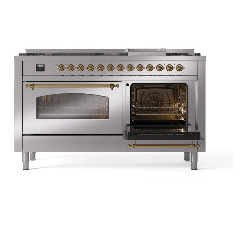 ILVE Nostalgie II 60" Dual Fuel Freestanding Range in Stainless Steel with Brass Trim, UP60FNMPSSGLP