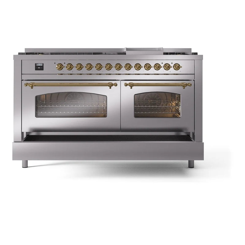 ILVE Nostalgie II 60" Dual Fuel Freestanding Range in Stainless Steel with Brass Trim, UP60FNMPSSGLP