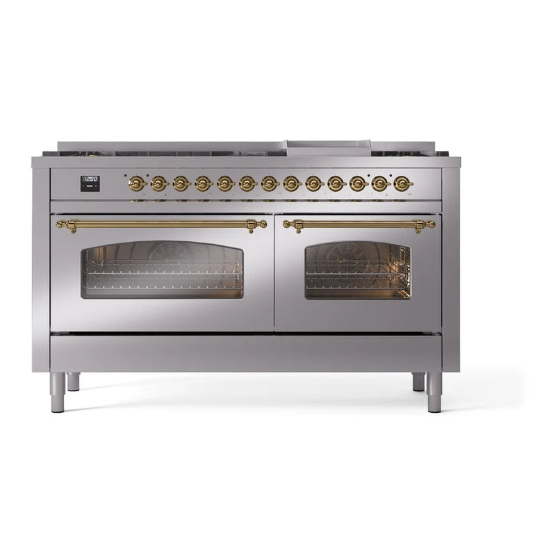 ILVE Nostalgie II 60" Dual Fuel Freestanding Range in Stainless Steel with Brass Trim, UP60FNMPSSG