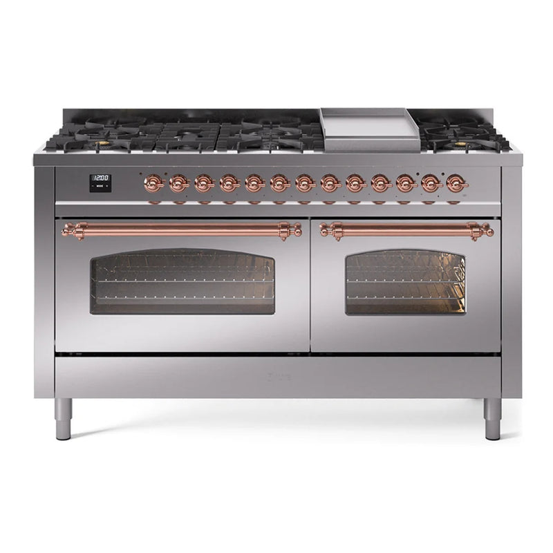 ILVE Nostalgie II 60" Dual Fuel Freestanding Range in Stainless Steel with Copper Trim, UP60FNMPSSPLP