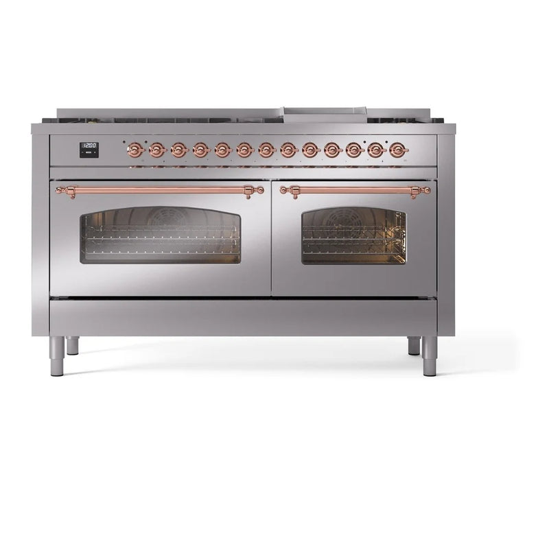 ILVE Nostalgie II 60" Dual Fuel Freestanding Range in Stainless Steel with Copper Trim, UP60FNMPSSPLP