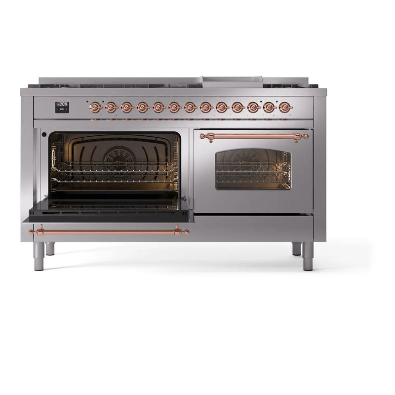 ILVE Nostalgie II 60" Dual Fuel Freestanding Range in Stainless Steel with Copper Trim, UP60FNMPSSPLP