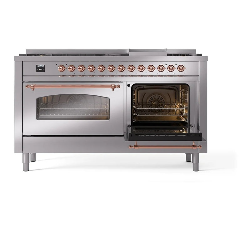 ILVE Nostalgie II 60" Dual Fuel Freestanding Range in Stainless Steel with Copper Trim, UP60FNMPSSPLP