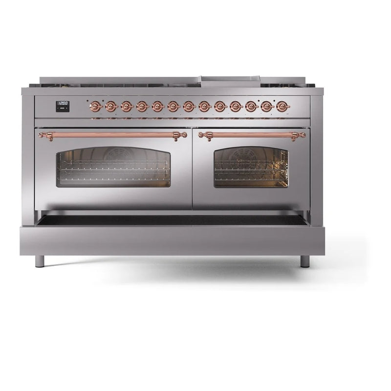 ILVE Nostalgie II 60" Dual Fuel Freestanding Range in Stainless Steel with Copper Trim, UP60FNMPSSPLP
