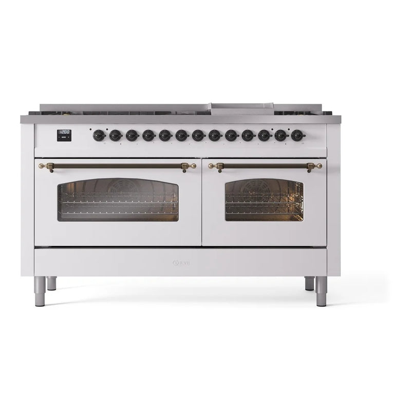 ILVE Nostalgie II 60" Dual Fuel Freestanding Range in White with Burnished Trim, UP60FNMPWHBLP