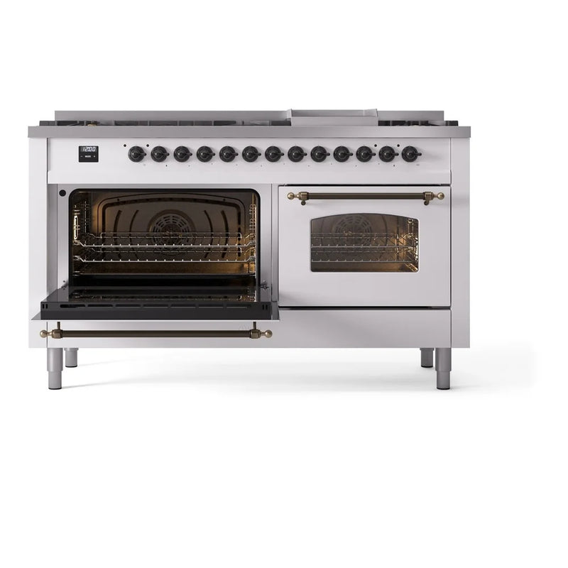 ILVE Nostalgie II 60" Dual Fuel Freestanding Range in White with Burnished Trim, UP60FNMPWHBLP