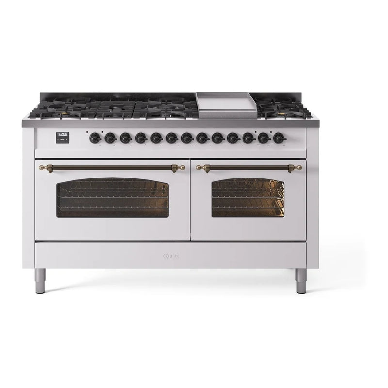 ILVE Nostalgie II 60" Dual Fuel Freestanding Range in White with Burnished Trim, UP60FNMPWHB