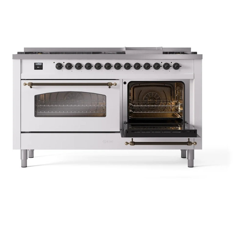 ILVE Nostalgie II 60" Dual Fuel Freestanding Range in White with Burnished Trim, UP60FNMPWHB