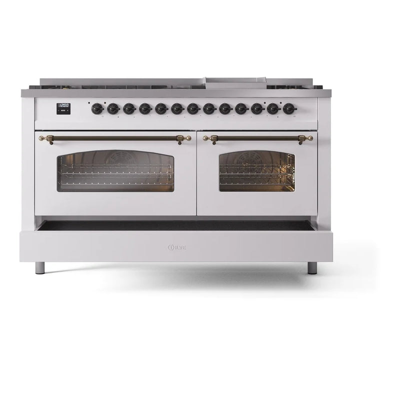 ILVE Nostalgie II 60" Dual Fuel Freestanding Range in White with Burnished Trim, UP60FNMPWHB