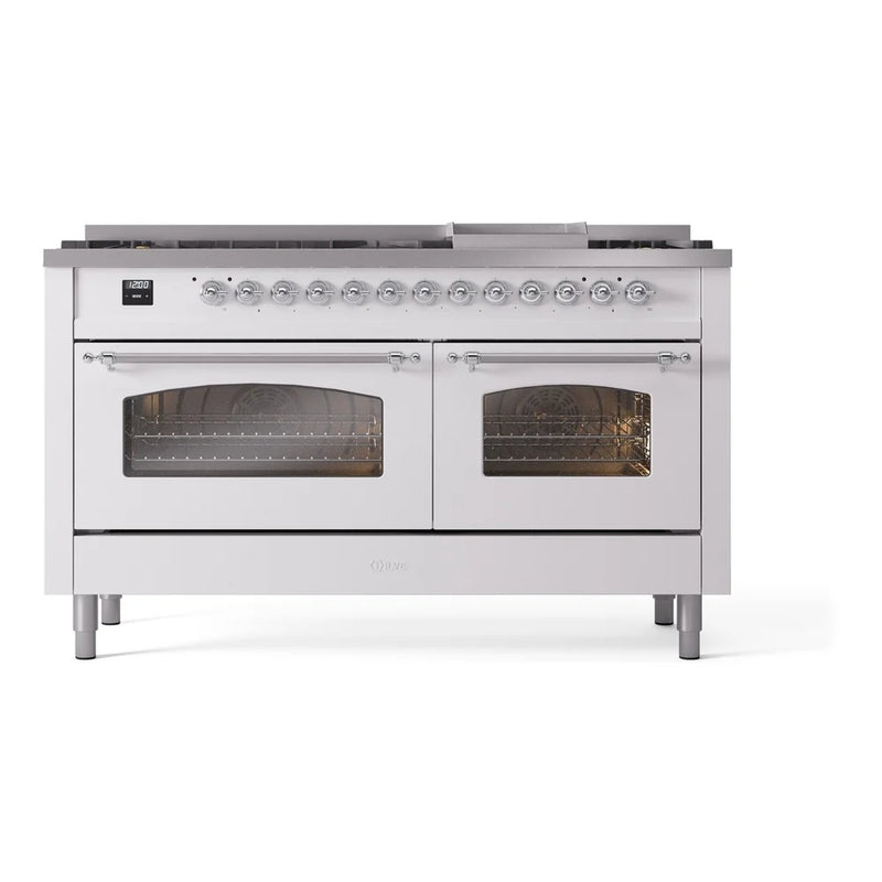 ILVE Nostalgie II 60" Dual Fuel Freestanding Range in White with Chrome Trim, UP60FNMPWHCLP