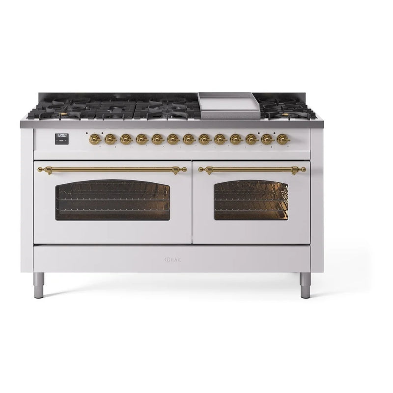 ILVE Nostalgie II 60" Dual Fuel Freestanding Range in White with Brass Trim, UP60FNMPWHGLP