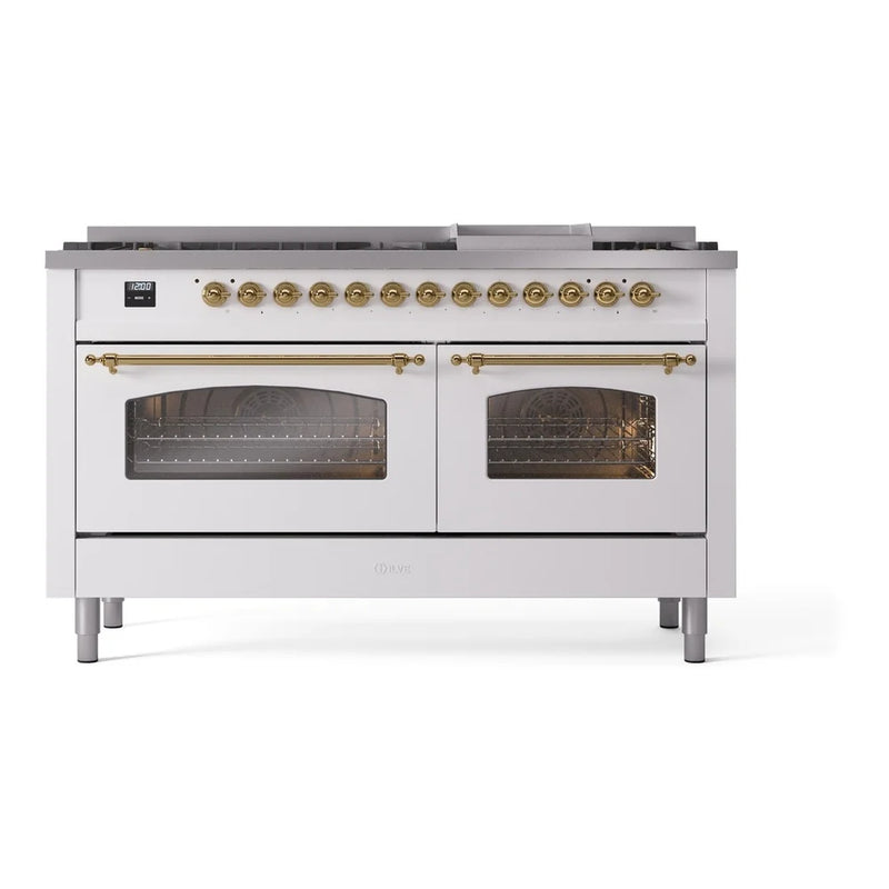 ILVE Nostalgie II 60" Dual Fuel Freestanding Range in White with Brass Trim, UP60FNMPWHGLP