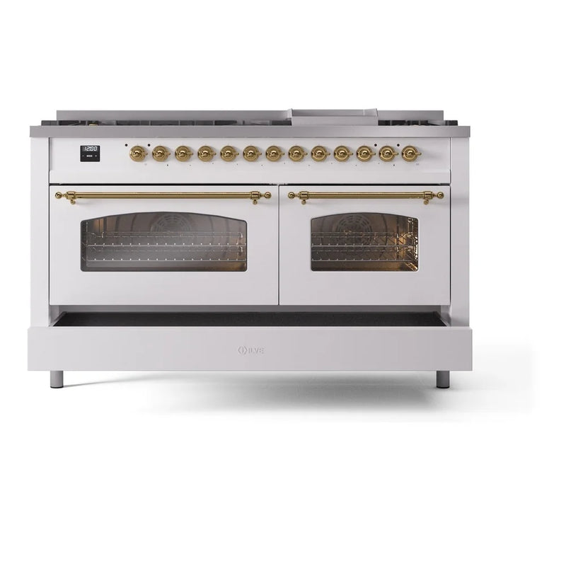 ILVE Nostalgie II 60" Dual Fuel Freestanding Range in White with Brass Trim, UP60FNMPWHGLP