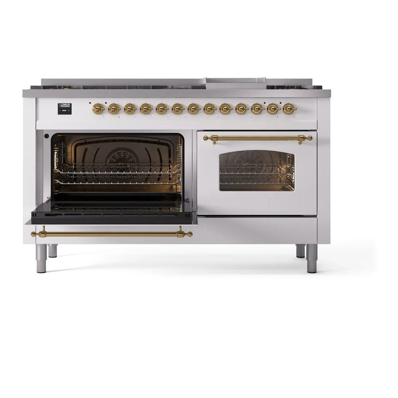 ILVE Nostalgie II 60" Dual Fuel Freestanding Range in White with Brass Trim, UP60FNMPWHG