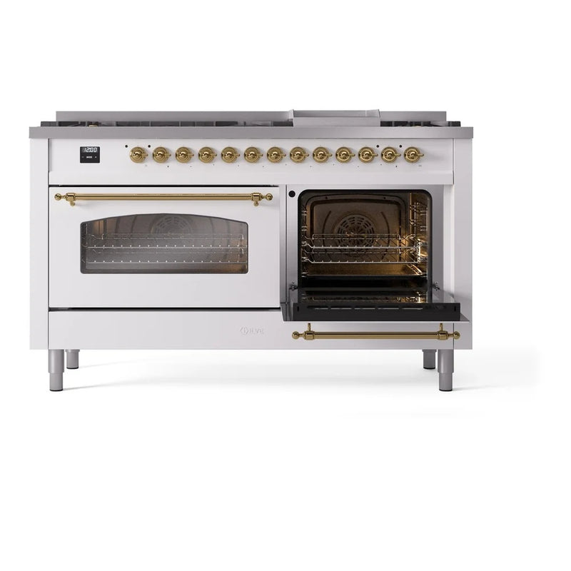 ILVE Nostalgie II 60" Dual Fuel Freestanding Range in White with Brass Trim, UP60FNMPWHG