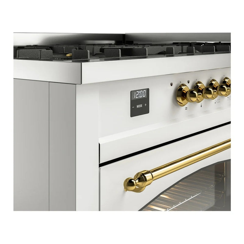 ILVE Nostalgie II 60" Dual Fuel Freestanding Range in White with Brass Trim, UP60FNMPWHG