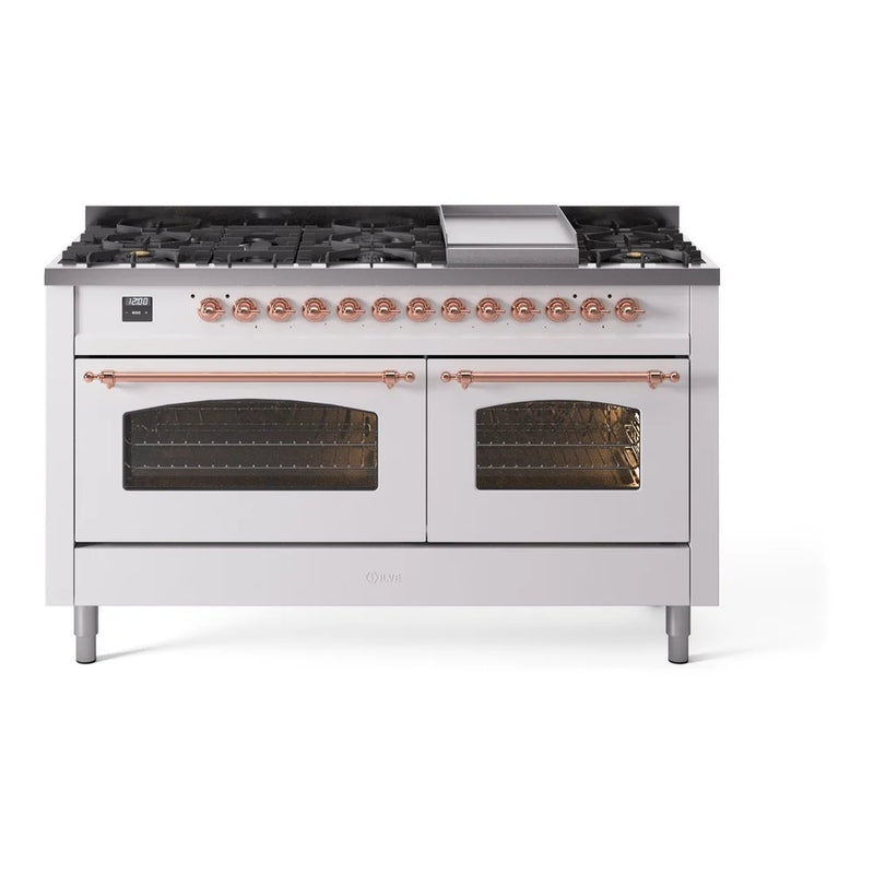 ILVE Nostalgie II 60" Dual Fuel Freestanding Range in White with Copper Trim, UP60FNMPWHPLP