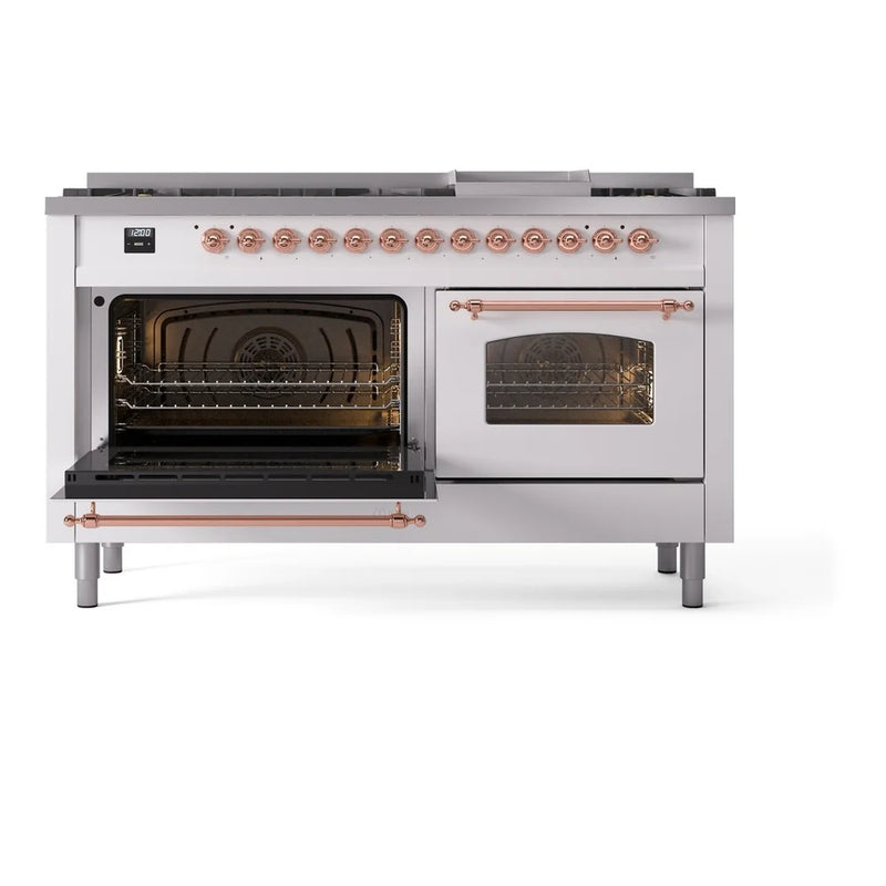 ILVE Nostalgie II 60" Dual Fuel Freestanding Range in White with Copper Trim, UP60FNMPWHPLP