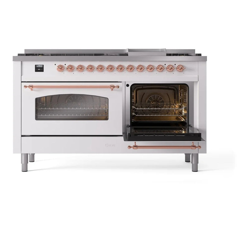 ILVE Nostalgie II 60" Dual Fuel Freestanding Range in White with Copper Trim, UP60FNMPWHPLP