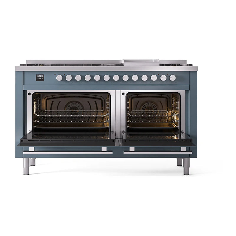 ILVE Professional Plus II 60" Dual Fuel Freestanding Range in Blue Grey with Stainless Steel Trim, UP60FQMPBGLP
