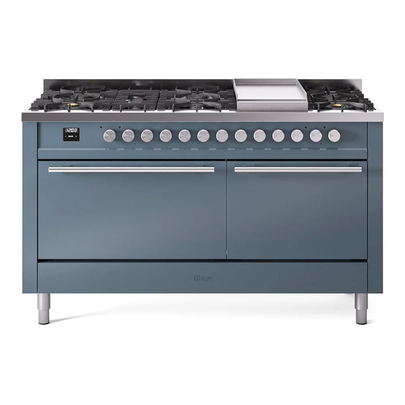 ILVE Professional Plus II 60" Dual Fuel Freestanding Range in Blue Grey with Stainless Steel Trim, UP60FQMPBG