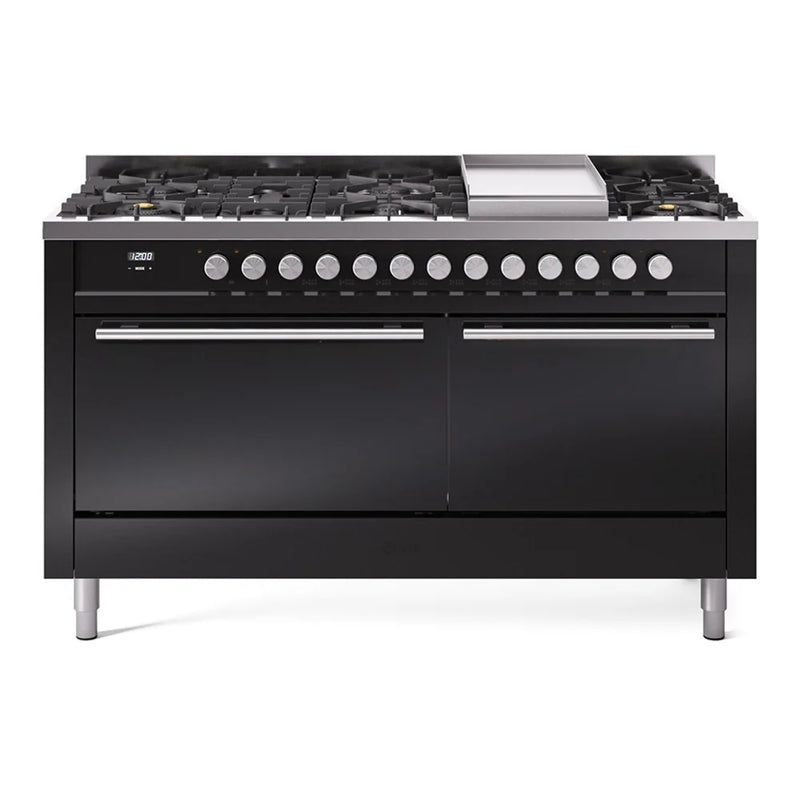 ILVE Professional Plus II 60" Dual Fuel Freestanding Range in Glossy Black with Stainless Steel Trim, UP60FQMPBKLP