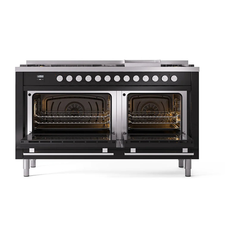 ILVE Professional Plus II 60" Dual Fuel Freestanding Range in Glossy Black with Stainless Steel Trim, UP60FQMPBKLP