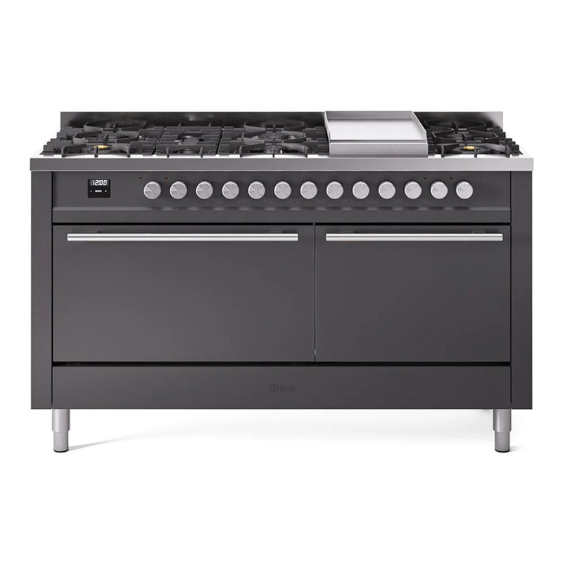 ILVE Professional Plus II 60" Dual Fuel Freestanding Range in Graphite Matte with Stainless Steel Trim, UP60FQMPMGLP