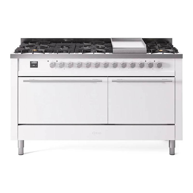 ILVE Professional Plus II 60" Dual Fuel Freestanding Range in White with Stainless Steel Trim, UP60FQMPWHLP