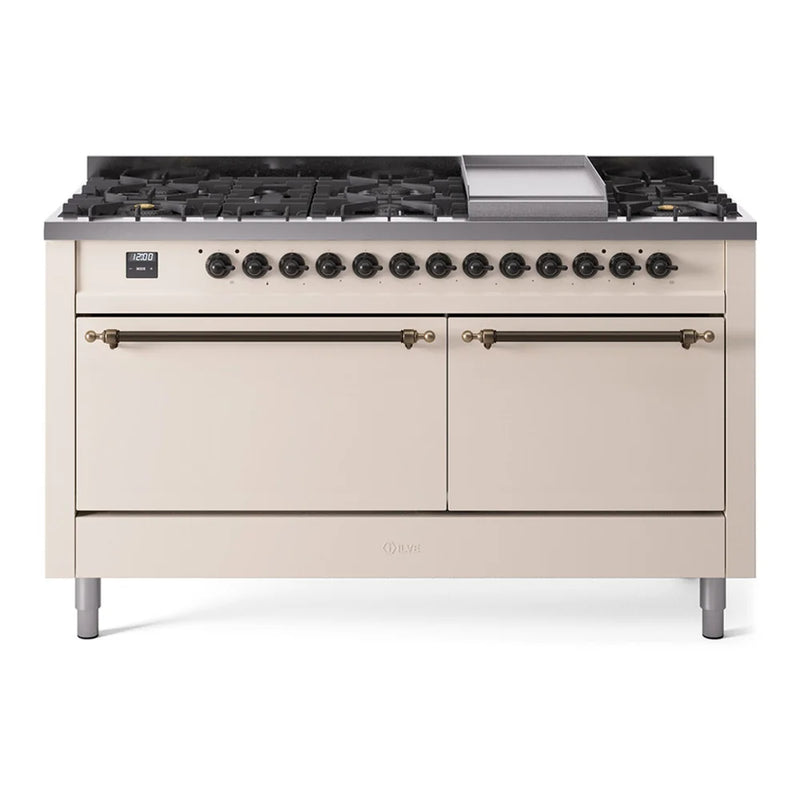 ILVE Nostalgie II 60" Dual Fuel Freestanding Range in Antique White with Burnished Trim, UP60FQNMPAWBLP