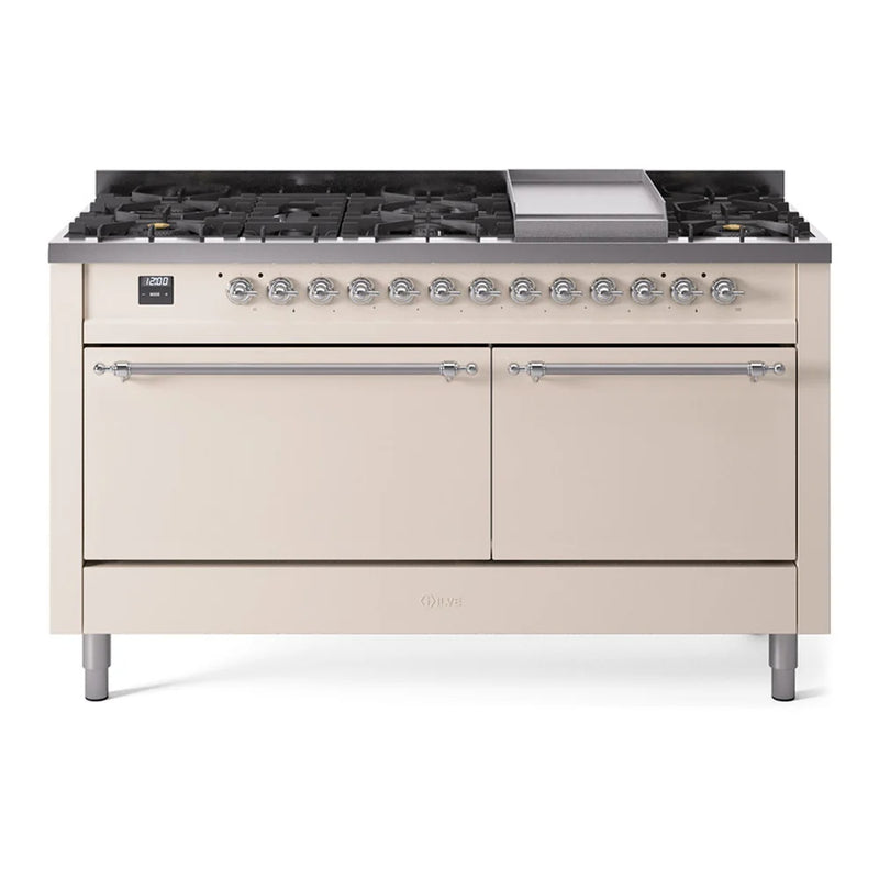 ILVE Nostalgie II 60" Dual Fuel Freestanding Range in Antique White with Chrome Trim, UP60FQNMPAWCLP