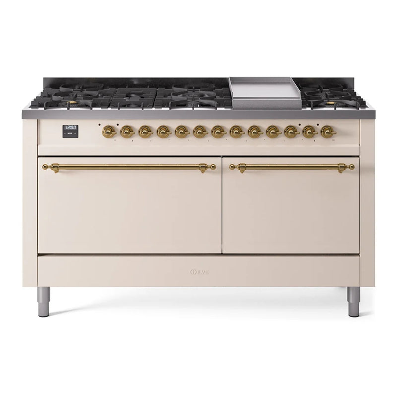ILVE Nostalgie II 60" Dual Fuel Freestanding Range in Antique White with Brass Trim, UP60FQNMPAWG