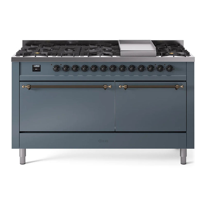 ILVE Nostalgie II 60" Dual Fuel Freestanding Range in Blue Grey with Burnished Trim, UP60FQNMPBGBLP