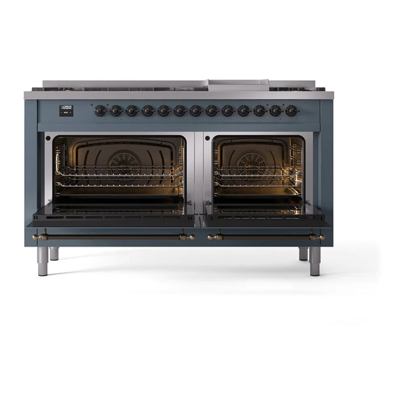 ILVE Nostalgie II 60" Dual Fuel Freestanding Range in Blue Grey with Burnished Trim, UP60FQNMPBGB