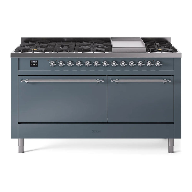 ILVE Nostalgie II 60" Dual Fuel Freestanding Range in Blue Grey with Chrome Trim, UP60FQNMPBGCLP