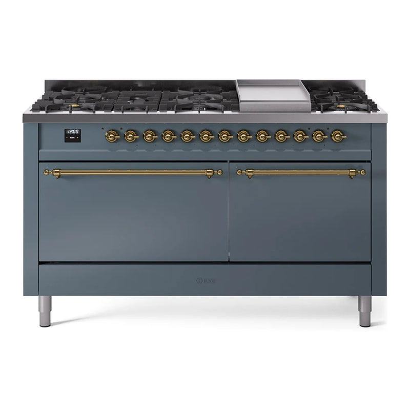 ILVE Nostalgie II 60" Dual Fuel Freestanding Range in Blue Grey with Brass Trim, UP60FQNMPBGG