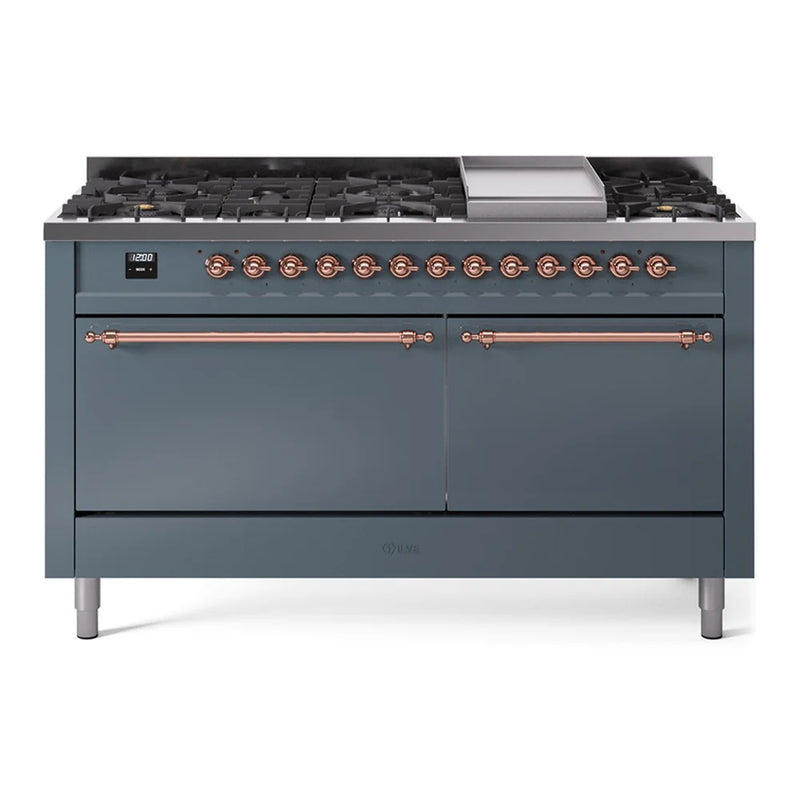 ILVE Nostalgie II 60" Dual Fuel Freestanding Range in Blue Grey with Copper Trim, UP60FQNMPBGP