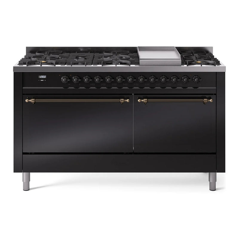 ILVE Nostalgie II 60" Dual Fuel Freestanding Range in Glossy Black with Burnished Trim, UP60FQNMPBKBLP