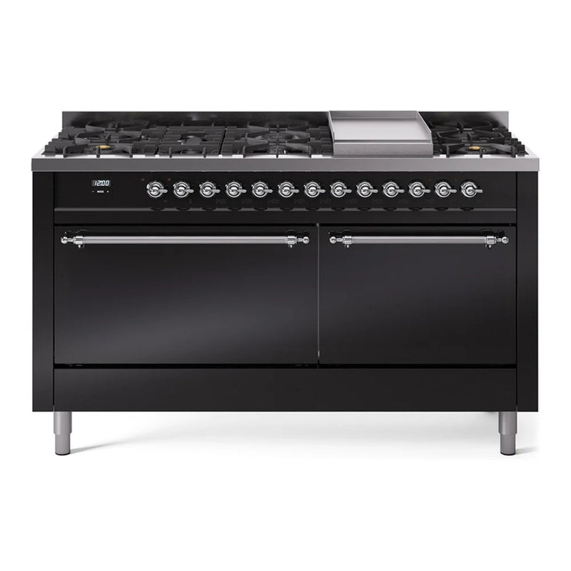 ILVE Nostalgie II 60" Dual Fuel Freestanding Range in Glossy Black with Chrome Trim, UP60FQNMPBKC