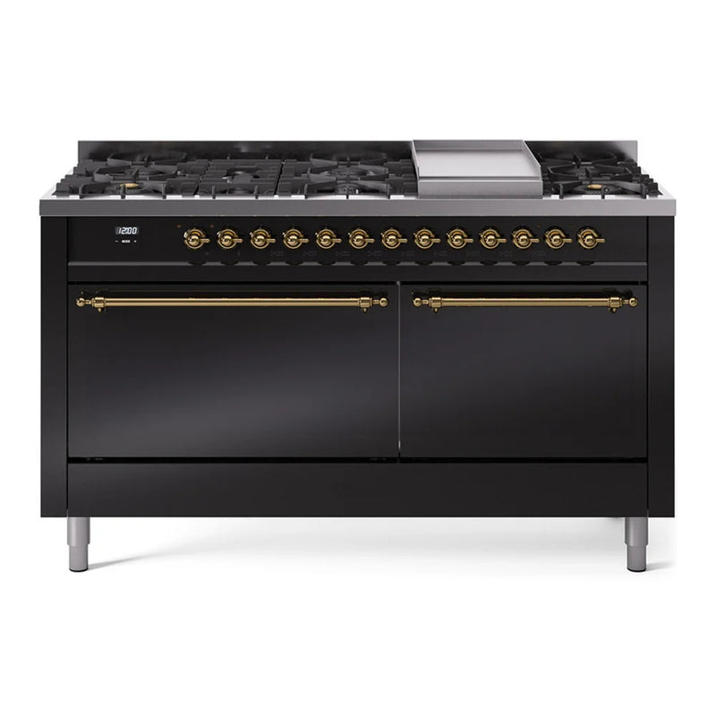 ILVE Nostalgie II 60" Dual Fuel Freestanding Range in Glossy Black with Brass Trim, UP60FQNMPBKG