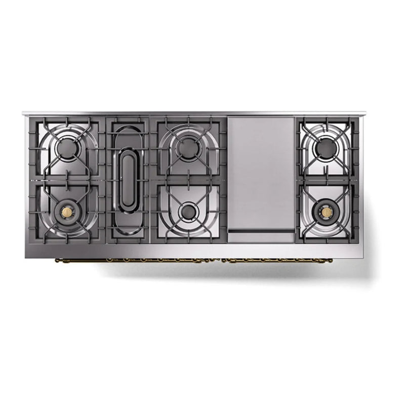 ILVE Nostalgie II 60" Dual Fuel Freestanding Range in Glossy Black with Brass Trim, UP60FQNMPBKG